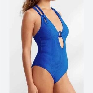 BECCA NWT Line in the Sand One Piece Medium Rib Textured Swimsuit Blue Jay